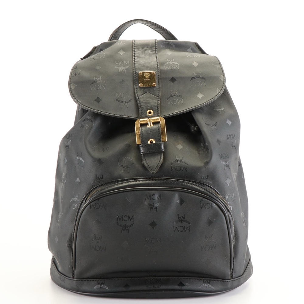 Authentic MCM Buckle Backpack in Black Visetos Coated Canvas